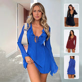 Sexy Ruffled V-neck Lace-up Long-sleeved Dress Fashion Y2K Skirt Slim Hip-covering Short Dresses For Womens Clothing - kinko